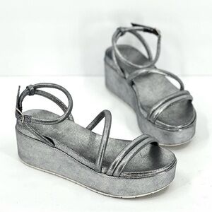J Slides Metallic Silver Platform Sandals